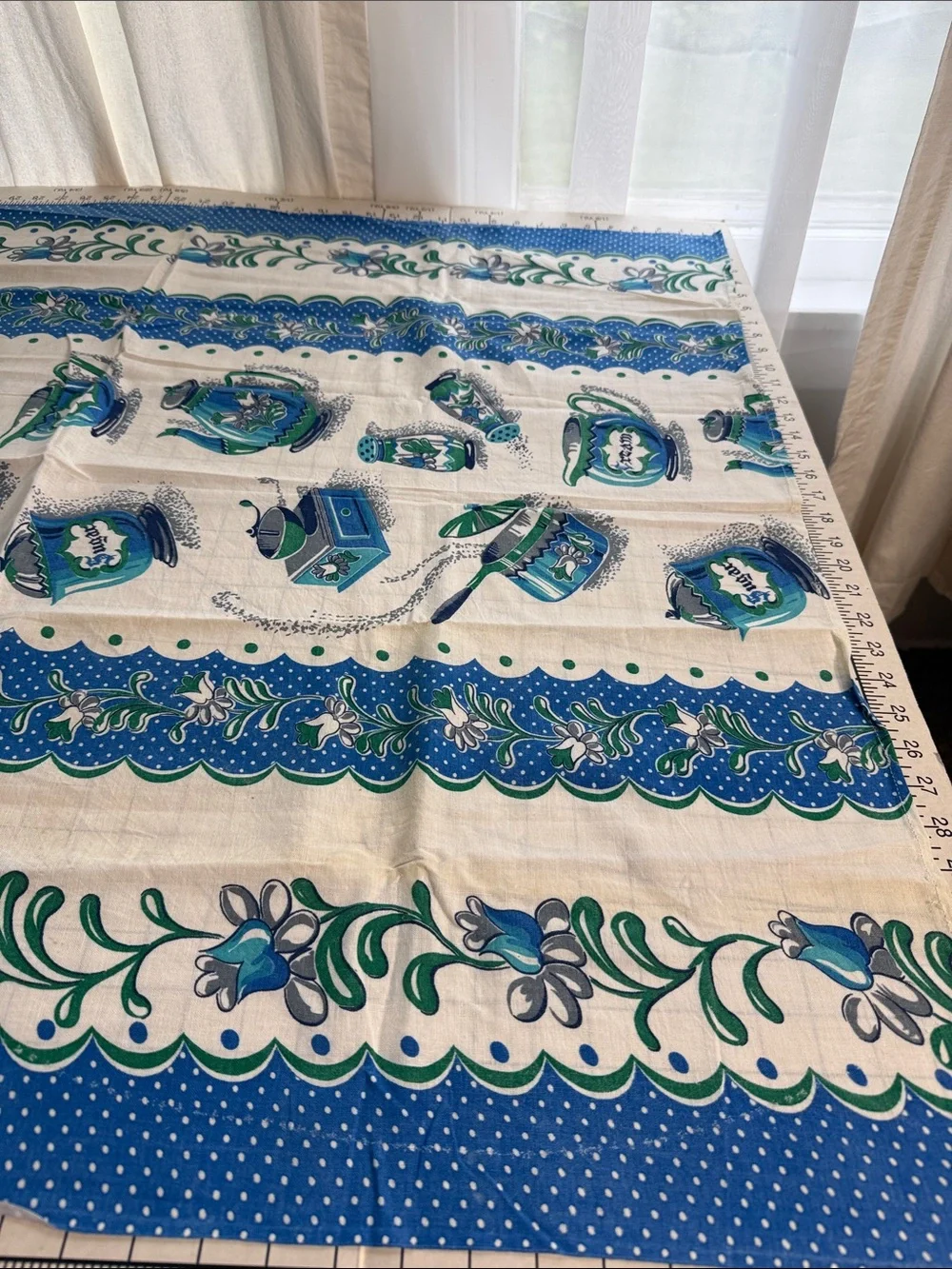 Vintage 1970s Handmade Blue Green Kitchen Tablecloth 42x36 Coffee Pot Sugar Bowl
